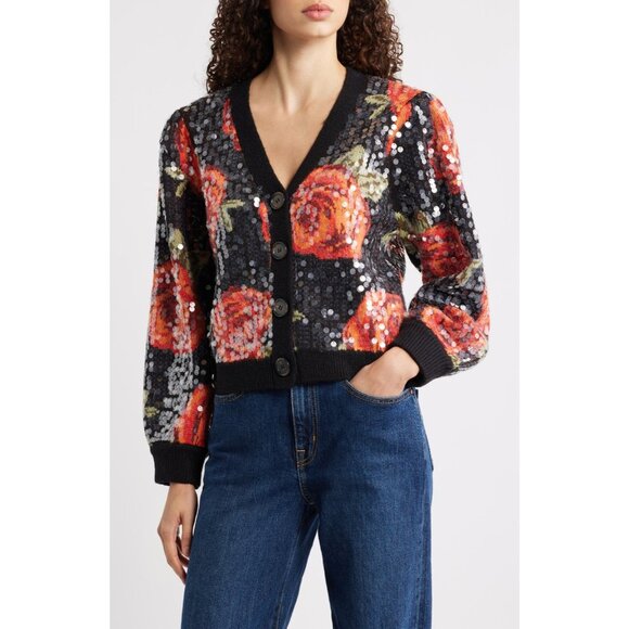 NWT Farm Rio Latin Roses Floral Sequin Knit Cardigan M $298 - Picture 7 of 9